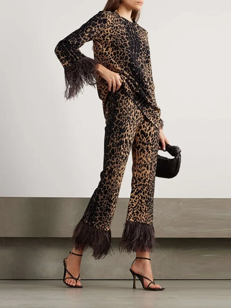Onecozyday 2024 Women's Fashion Leopard Printed Round Neck Long Sleeves Shirt Top High Wasit Pants Feathers High Street Outfits 4