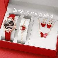 5PCS/Set Women's Watch Fashion Rhinestone Leather Band Quartz Watches Butterfly Jewelry Set（Without Box） 1