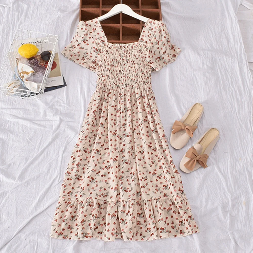 Sweet-Spring-Summer-Floral-Print-Dress-For-Women-Casual-Square-Neck ...