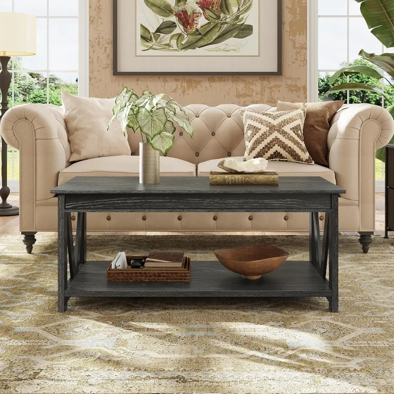 Coffee Table,43" Living Room Coffee Table with Storage Shelf, Center Table for Living Room, Bedroom, Office and Balcony, Black 4