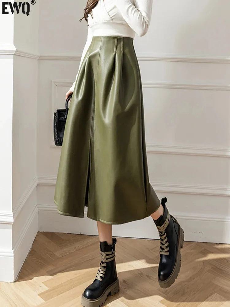 

[EWQ] Korean Style PU Leather Zipper Casual Pleated Skirt Elegant Fashion All Match A-line Skirts Women 2024 Spring Autumn U7574