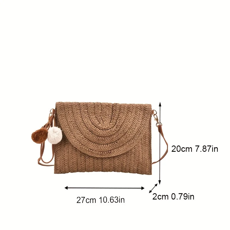 Handmade Grass Woven Beach Tote Bag Detachable Shoulder Wrist Strap, Scalloped Flap Closure, Lightweight Summer Crossbody Bag
