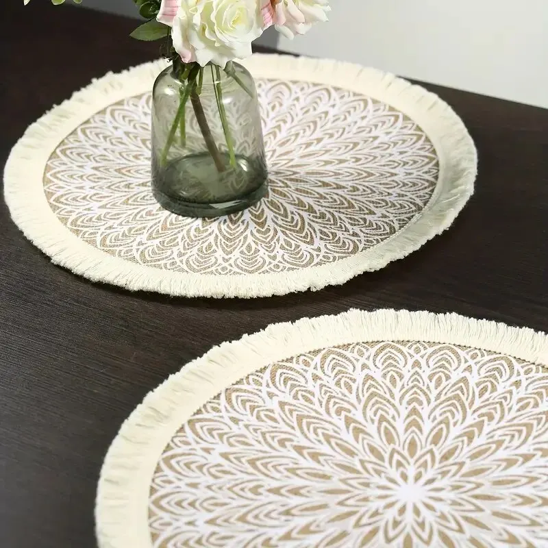 Elegant Jute Fabric Dining Mat with Modern Geometric Pattern and Tassel Edge