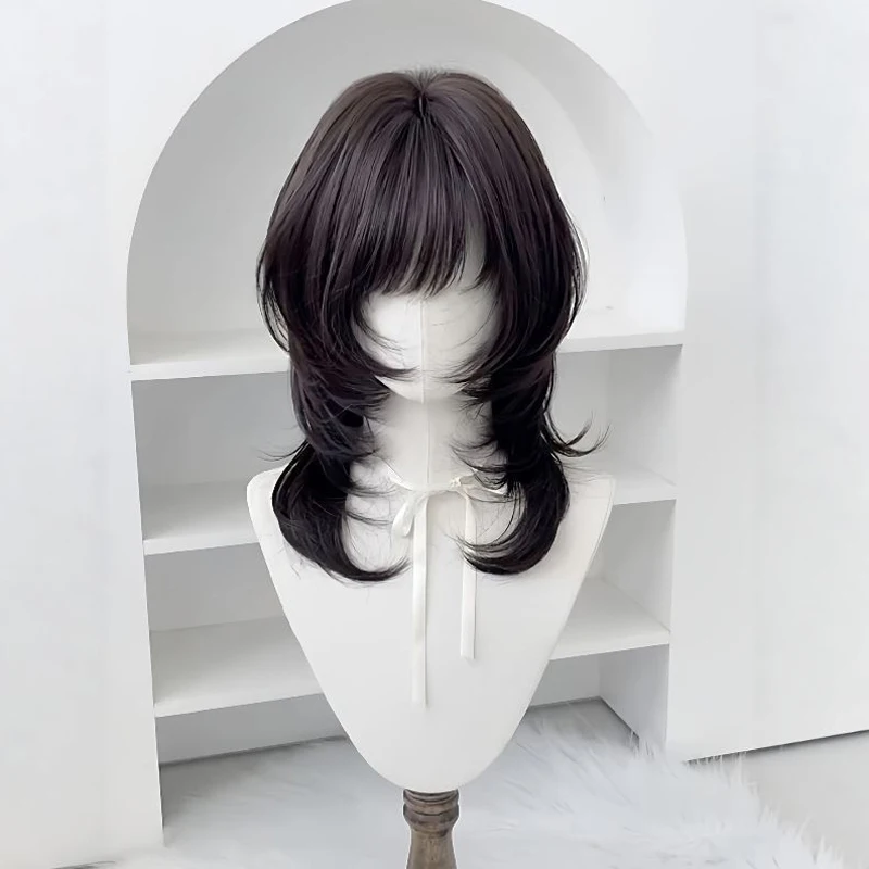 Synthetic Women Wig Hairpiece 18inch High-layered Mullet Haircut Wolf Cut Black Wig with Hair Bangs for Women Daily Party Use