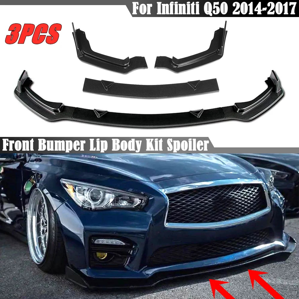 

3pcs Car Front Bumper Splitter Lip Spoiler Splitter Deflector Lips Cover Trim Body Kit For Infiniti Q50 2014-2017 Car Styling