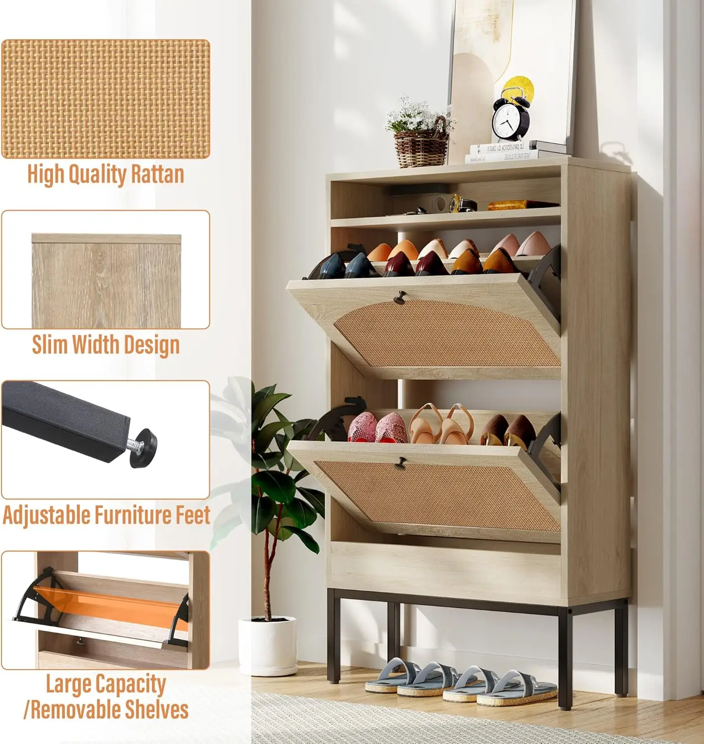 Shoe Cabinet, Shoe Storage Cabinet with 2 Flip Drawers, Slim Shoe Storage Rack with Charging Station for Entryway Hallway Living 5