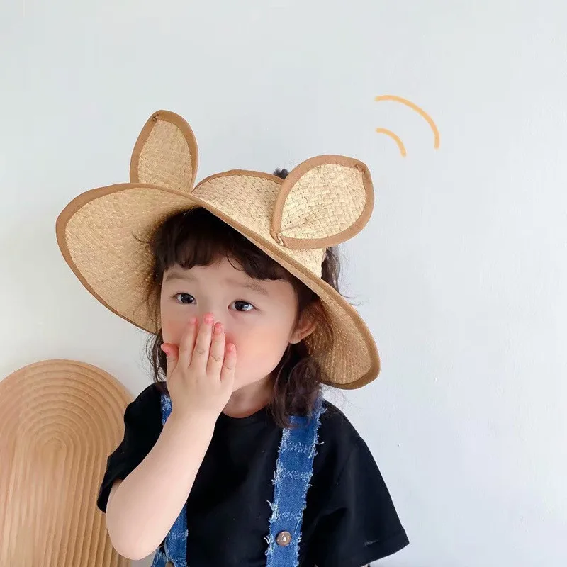 

202302-hh6041 NEW dropshipping SUMMER HANDMADE raffia grass cute rabbit ear without holiday kids girl sun cap child leisure hat