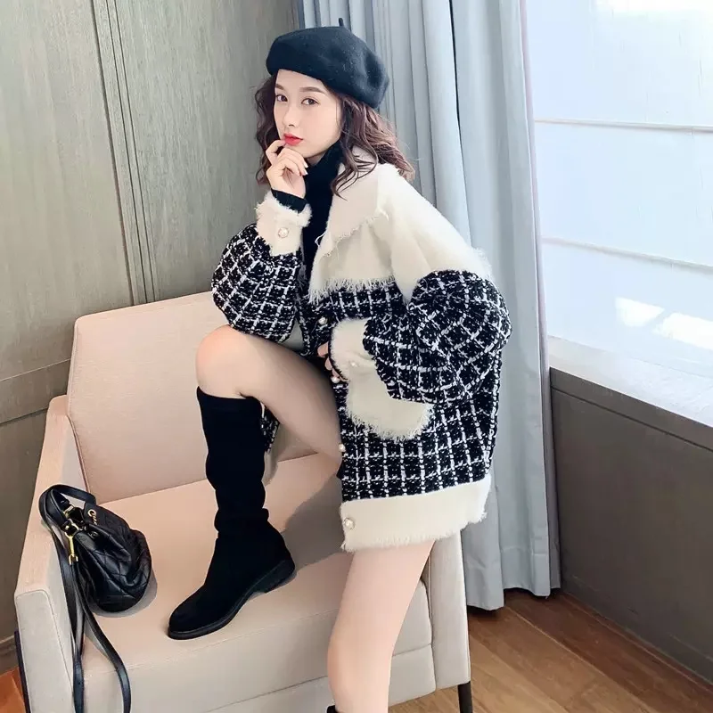 2022 New Autumn and Winter All-match High Street Small Fragrance Imitation Mink Plush Tweed Ladies Short Coat Spring and Autumn