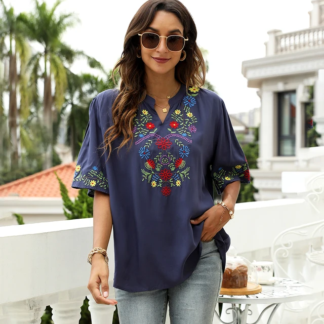 Floral Embroidery Blouses Shirt Navy Cotton Summer Chic Navy Boho Mexican Shirts 2xl 3xl Women Ethnic Hippie Tops 2