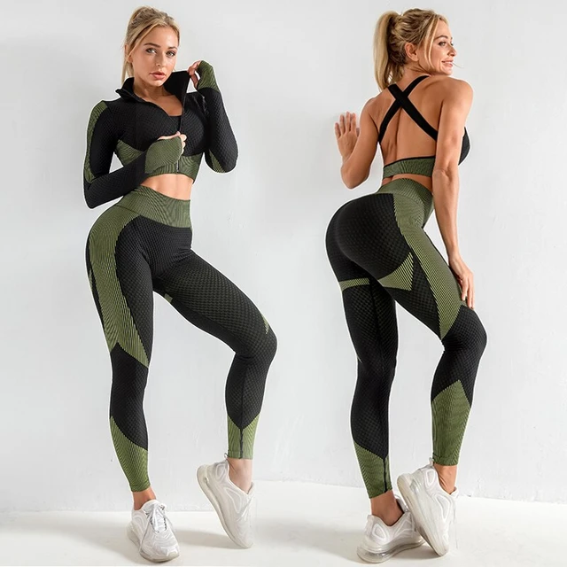 Survêtement Fitness Femme Ensemble Legging et Top, Sportswear sans soudure  Femme Set Motif de camouflage Tracksuit 2 pièces Tenue Leggings et chemises  à manches longues Chemises de Yoga Top Course Gym 