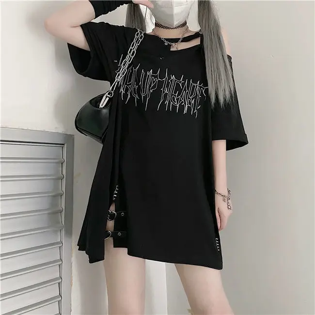 ♡ ykog1234 Yoskog Women Y2K Grunge T-Shirt Off Shoulder Skull Print