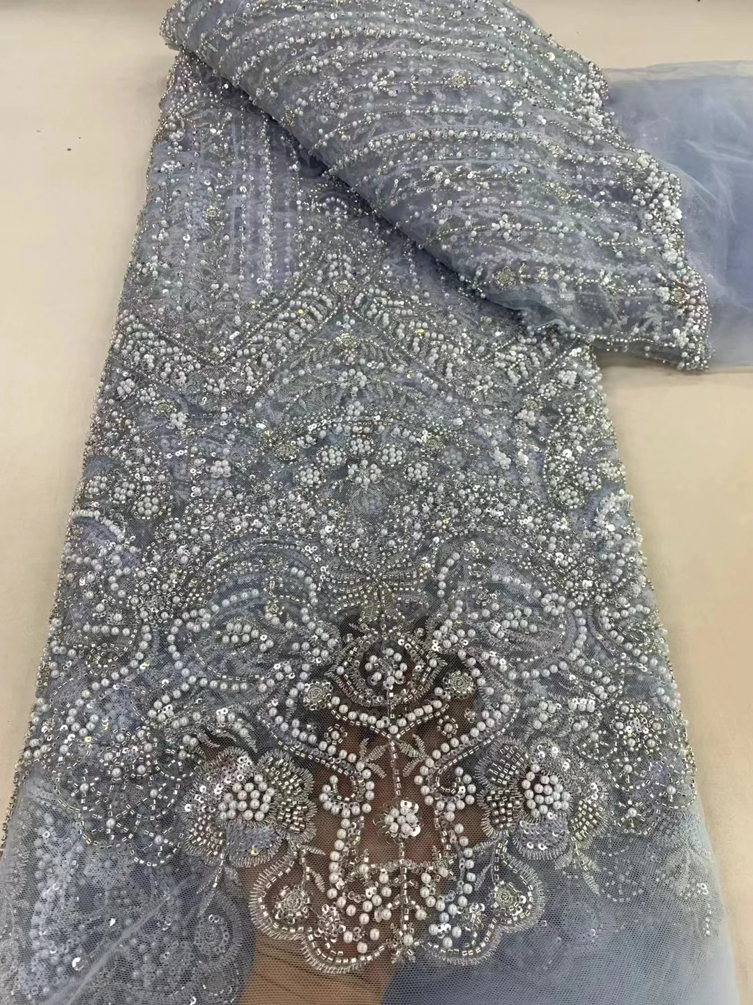 

High Quality African French Handmade Beaded Lace Fabric 5 Yards Sewing Sequins Embroidery Nigeria Lace Fabric For Women Wedding