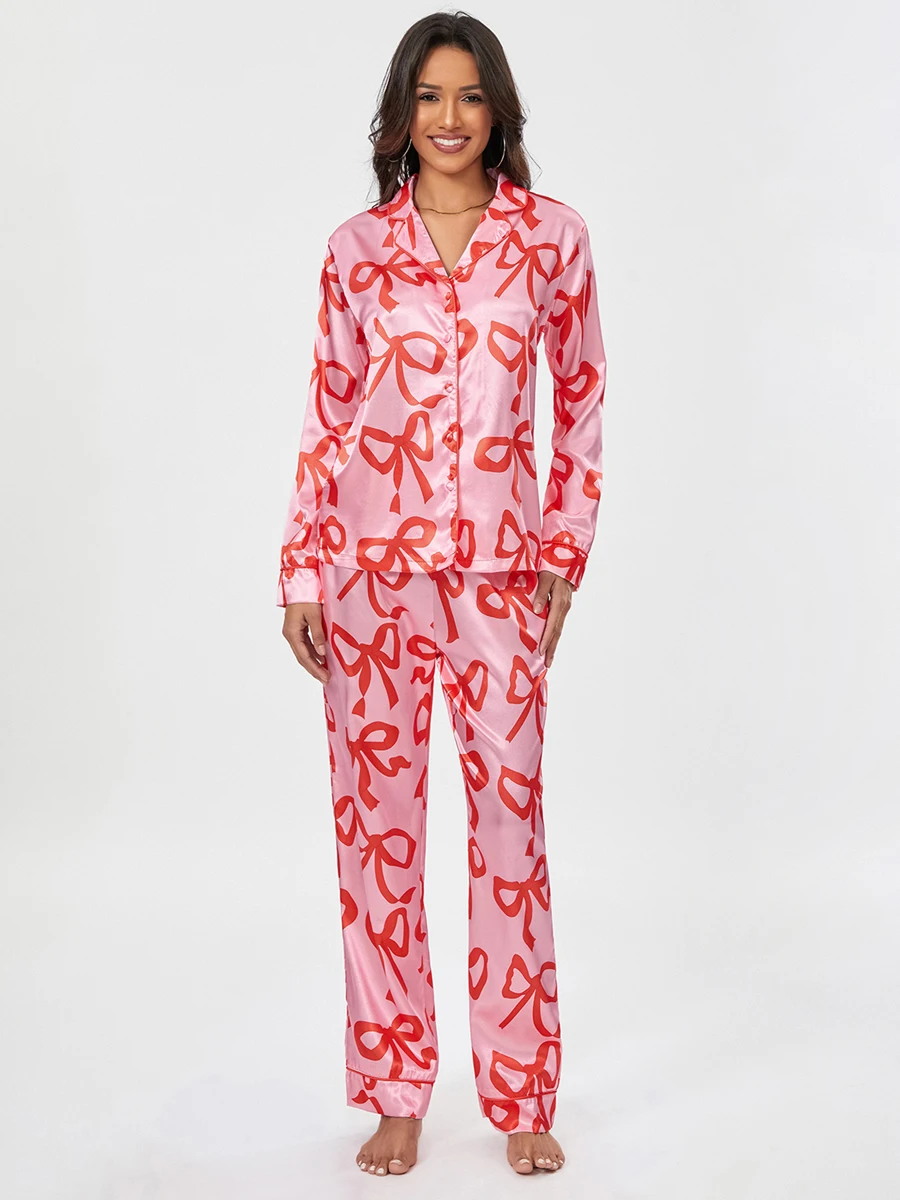 

Женский пижамный комплект из 2 предметов, рубашка с длинным рукавом, отложным воротником и пуговицами, топы, милые брюки, одежда для сна, 2 предмета, наряды, домашняя одежда