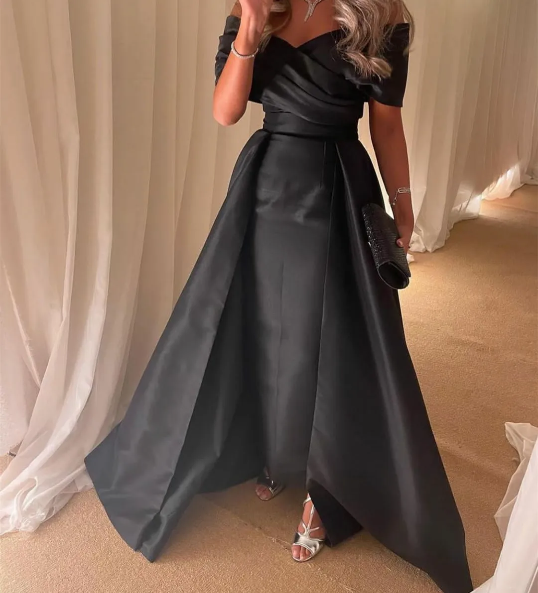 

Elegant Long Black Satin Evening Dresses Mermaid Off Shoulder Floor Length Zipper Robe De Mariée Party Gown For Women