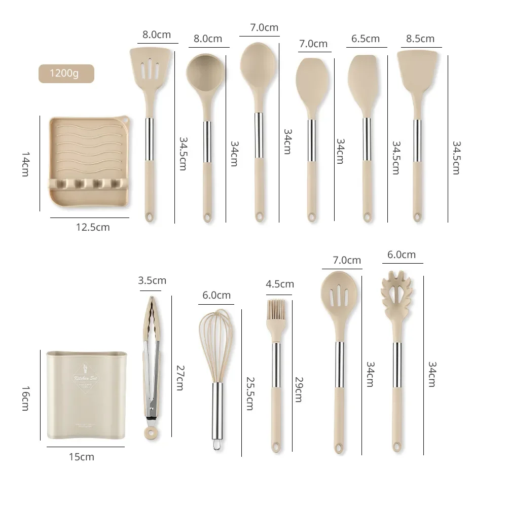 Silicone Cookware Set 13 PCS Silicone Kitchen Utensil Stainless Steel Handle Kitchen Cooking Baking Tools Storage Bucket
