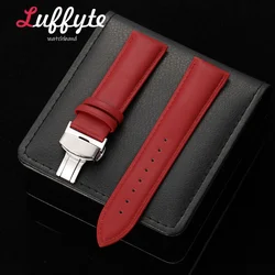 Unisex PU Leather Watch Strap with Stainless Steel Butterfly Buckle - Fashion Casual Accessory - 22mm (Red)