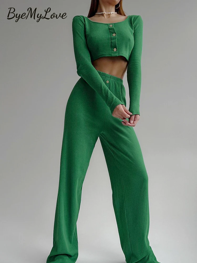 

ByeMyLove 2 Pieces Sets Women Top Shirts And Pant Outfits Women Casual Solid Knitted Wide Leg Pant Outfits Women Suits