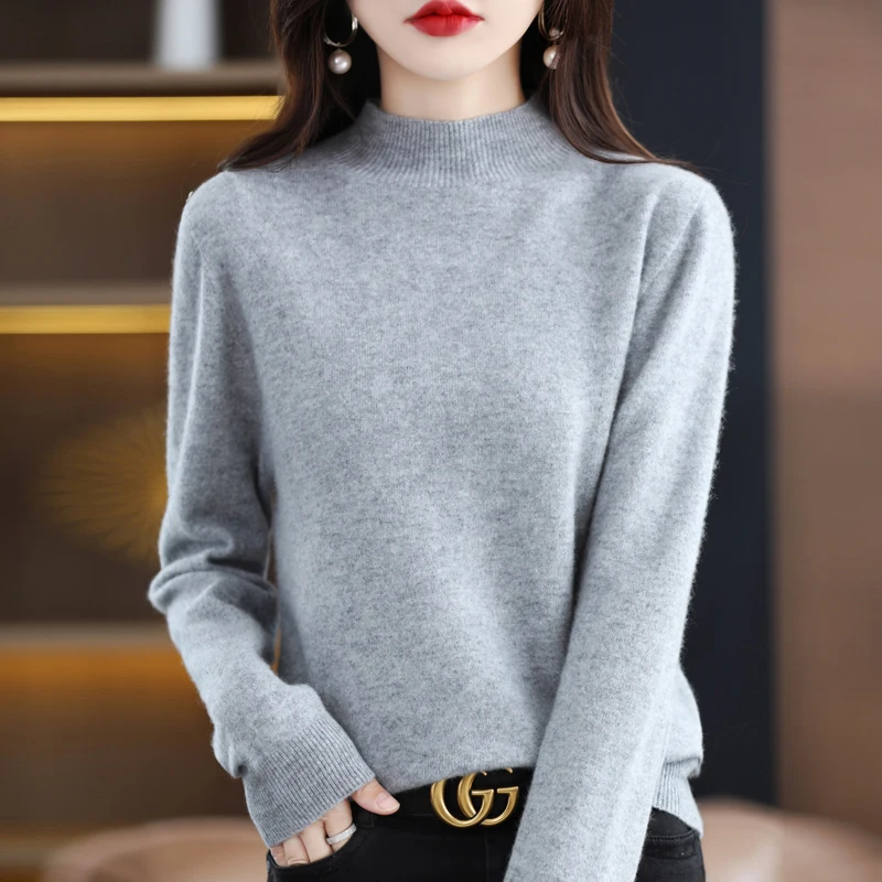 

Autumn and winter new ladies 100% solid color semi-high neck long sleeve simple knitted sweater warm pullover sweater