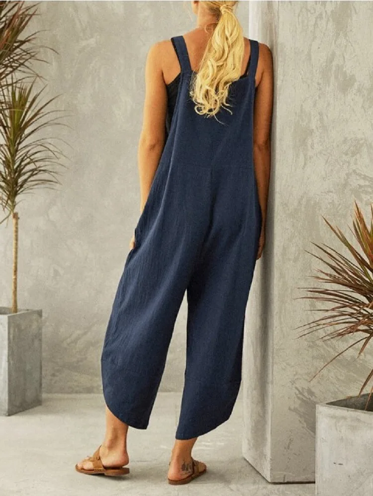Cotton Linen Wide Leg Overalls for Women