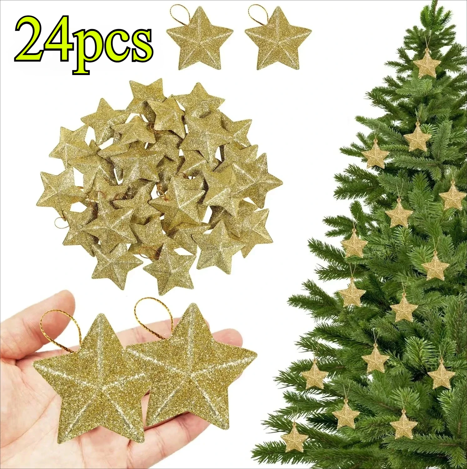 24pcs Gold Glitter Star Ornaments Christmas Tree Hanging Pendant 2024 ...