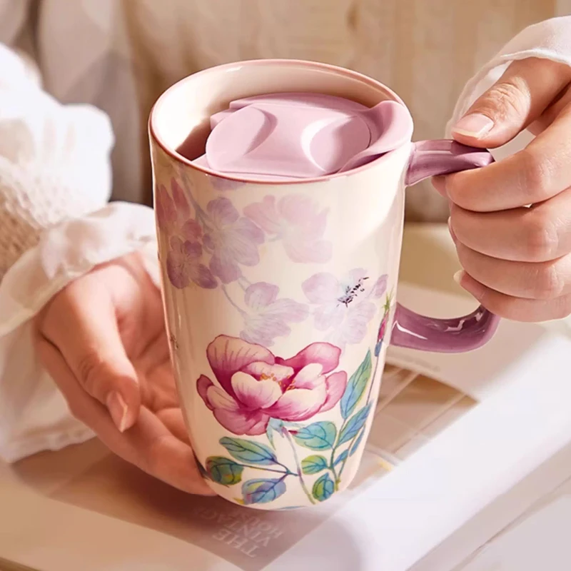 Chinese Style Ceramic Gift Cute Mug, Home Personal Office Creative Hand Drawn Flower Patterns, Milk Water Coffee Cup, 600ml, 1Pc