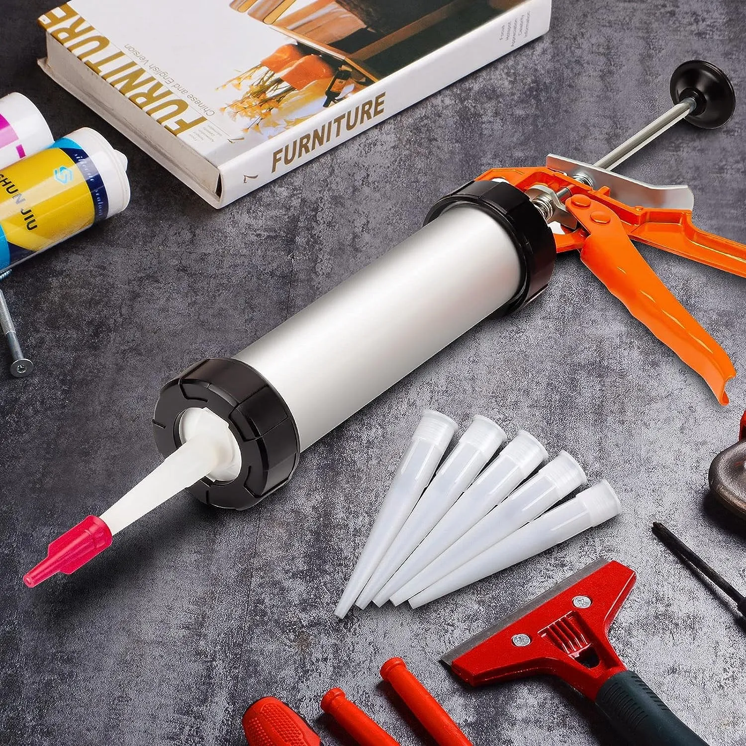 10PCS Caulking Gun Nozzles Spare Silicone Nozzle Silicone Tube With Red Nozzles Cap Sealing Cap Household Sealant Tool 5
