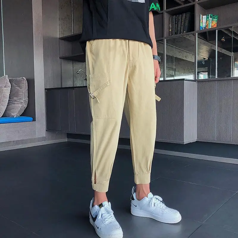 Spring Summer Fashion High Waist Loose Men's Clothing All MatchSolid Color Tie Feet Slimming Pockets Solid Cotton Casual Pants
