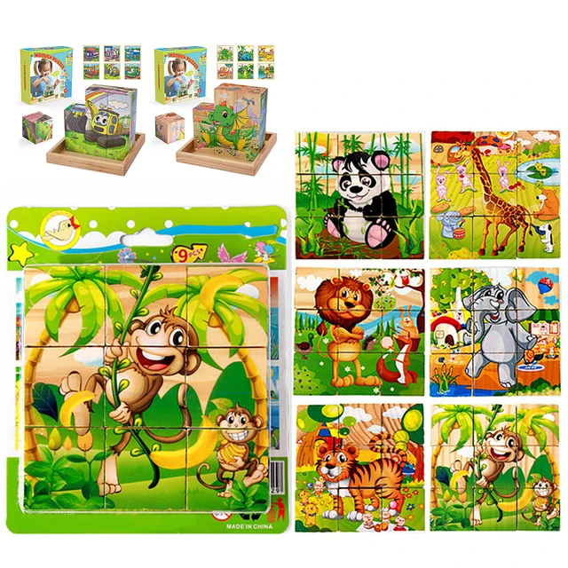 Nine Blocks Six-sided 3D Jigsaw Cube Puzzle Wooden Toy For Children Wooden Cartoon Animal Puzzle Funny Games Kid Educational Toy 2