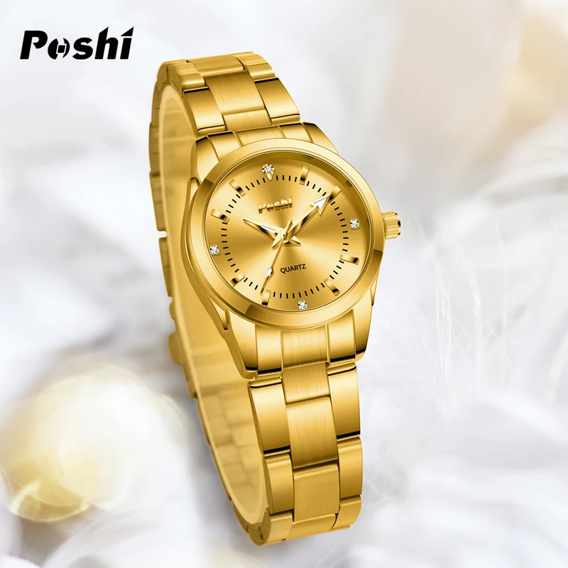 POSHI Fashion Casual Quartz Watch Women's Wristwatch Stainless Steel Simple Ladies Bracelet Luxury Gold Clock 3