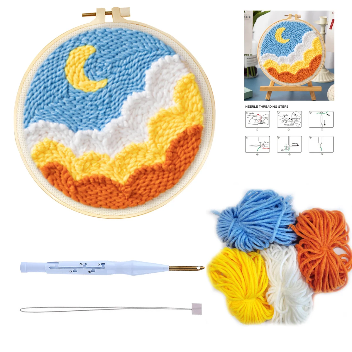 RUOPOTY Moon Pattern Punch Needle Embroidery Kits DIY Craft Punch Needle Embroidery Kits Rug For Starter With Stamped