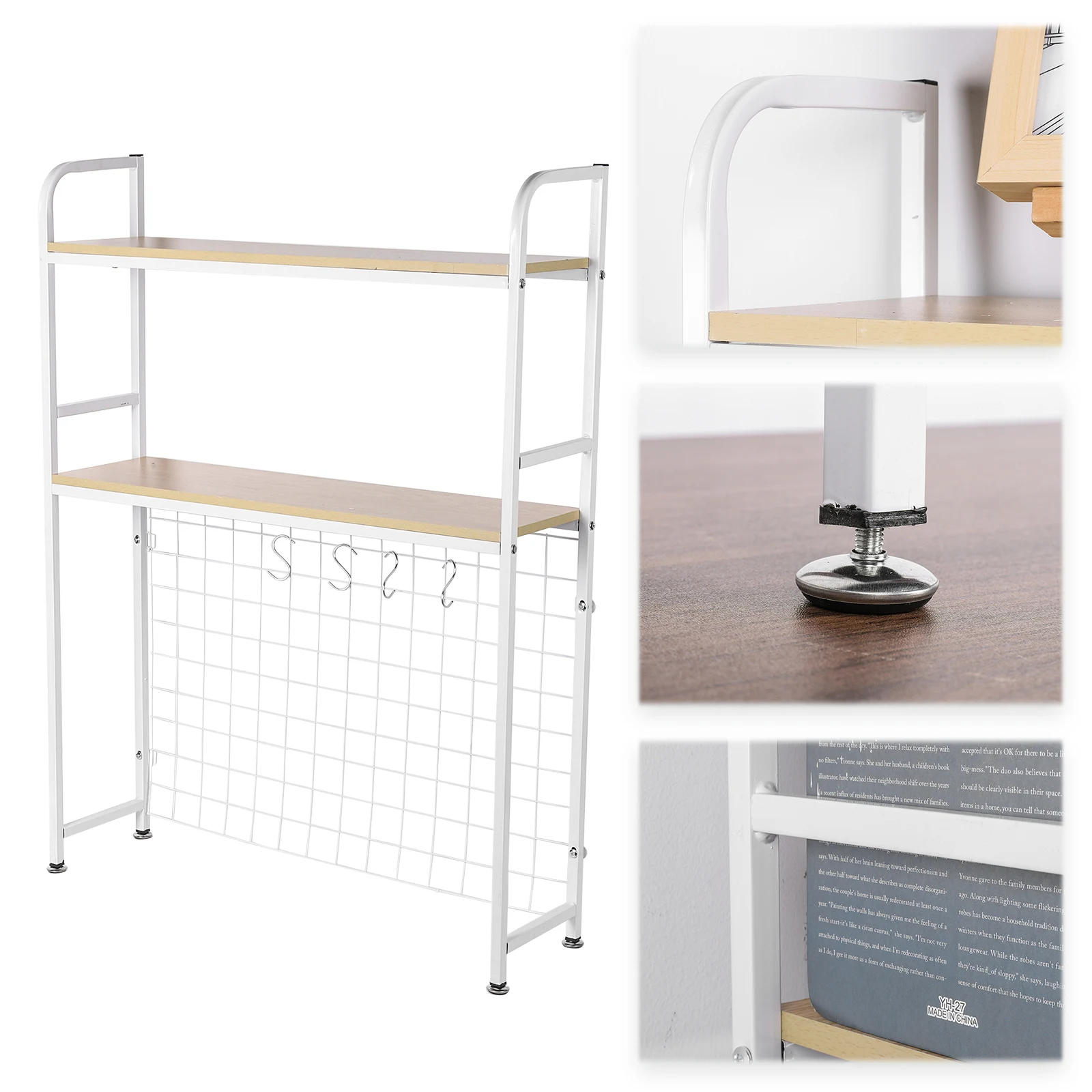 2 Tier Wooden Desk Organiser Shelf with Grid Panel Bookcase Organizer Multipurpose Desktop Decorative Rack for Home Office