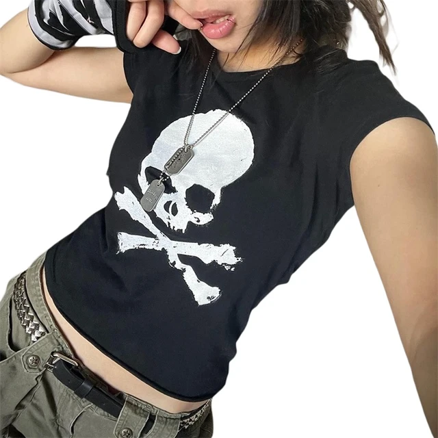 Gothic Skull Punk Streetwear Women's Tee Summer Casual 90s Vintage Grunge Graphic Print Short Sleeve T-Shirt Y2k Slim Crop Top 1