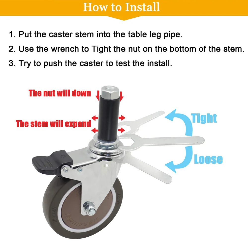 4Pcs Expanding Stem Casters,TPE Rubber Wheel built-in Ball Bearing for Round tube 22-28mm Commercial Kitchen Prep Tables