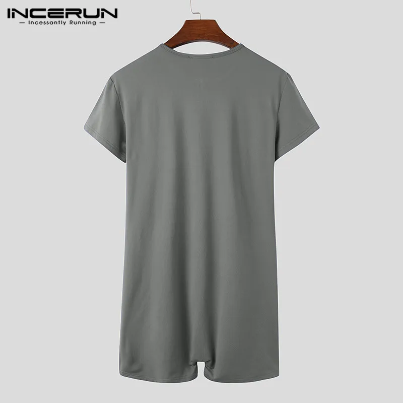 Men Bodysuits INCERUN Men Pajamas Rompers Solid Short Sleeve V Neck Zipper Cozy Sleepwear Playsuits Fitness Leisure Men Jumpsuit Homewear