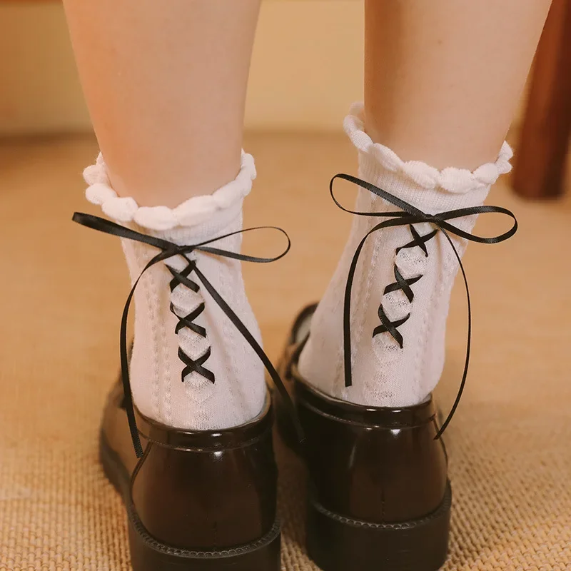 JK Japanese Style Kawaii Socks Ballet Style Ribbon Bowknot Bandage Cute Long Socks Women Lolita Sweet Girls Black White Socks