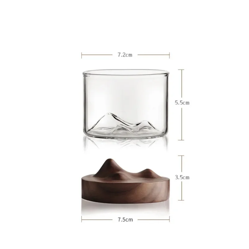 Mountain Whiskey Glass with Wooden Base Creative Heat Resistant Beer Glass Wine Water Tea Transparent Cup Bar Drinkware