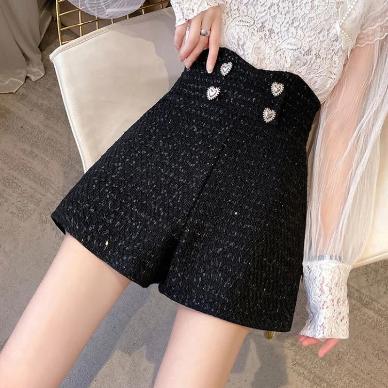 Women Autumn Winter New High Waisted Woolen Shorts Trendy Irregular Double Breasted Pockets Casual and Versatile Wide Leg Shorts