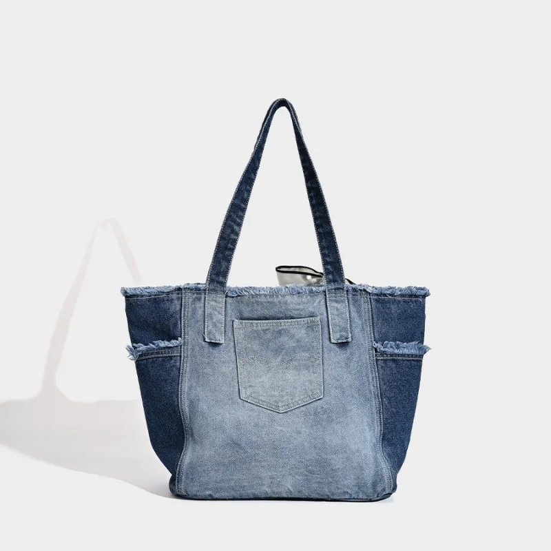Large Capacity Washable Denim Tote Bag for College Students Class Simple Versatile Lazy Style Crossbody Bag