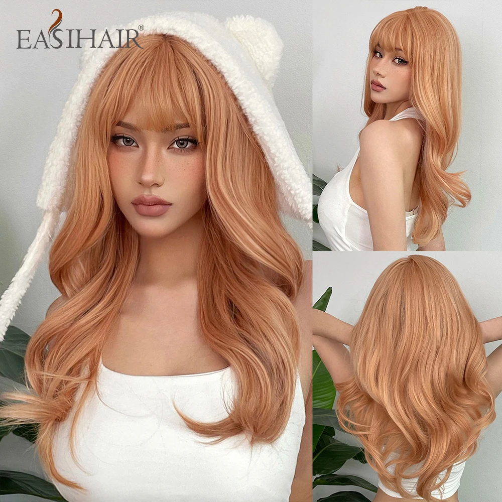 EASIHAIR Light Orange Synthetic Wigs Long Wavy Ombre Natural Hair Wigs with Bangs for Women Cosplay Lolita Wig Heat Resistant