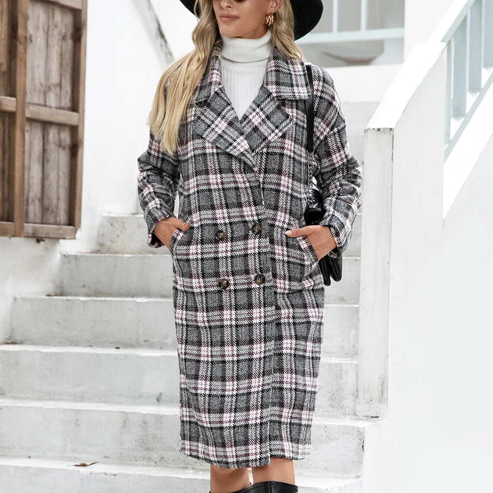 

Temperament suit collar double breasted long woolen coat plaid trench coat Soft and comfortable grace fashion Versatile Girlish