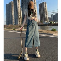 Summer Women High-waist Retro A- line Skirt Pockets Front Slit Washed Blue Denim Skirts Hip-covering Straight Long Jeans Skirt - Image 4