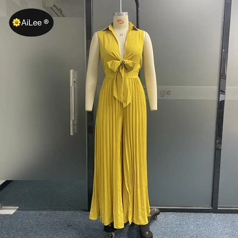 Women Floor Length Jumpsuit Summer Fashion V Neck Sleeveless Lapel Chic Lace Up Loose Wide Legs Pants Romper High Streetwear