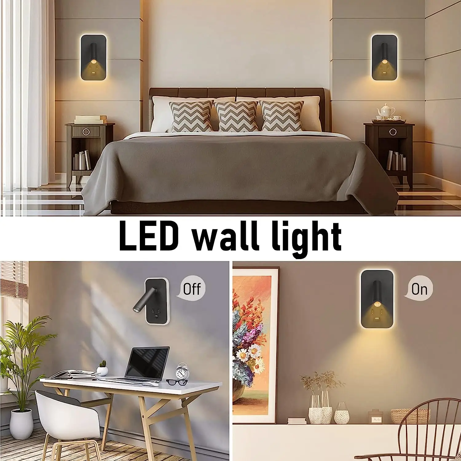 AC85-265V 침대 옆 벽 램프, USB 충전 포트, 10W + 3W, 조절식 모던 벽 스콘스 스포트라이트, 침실 거실 장식