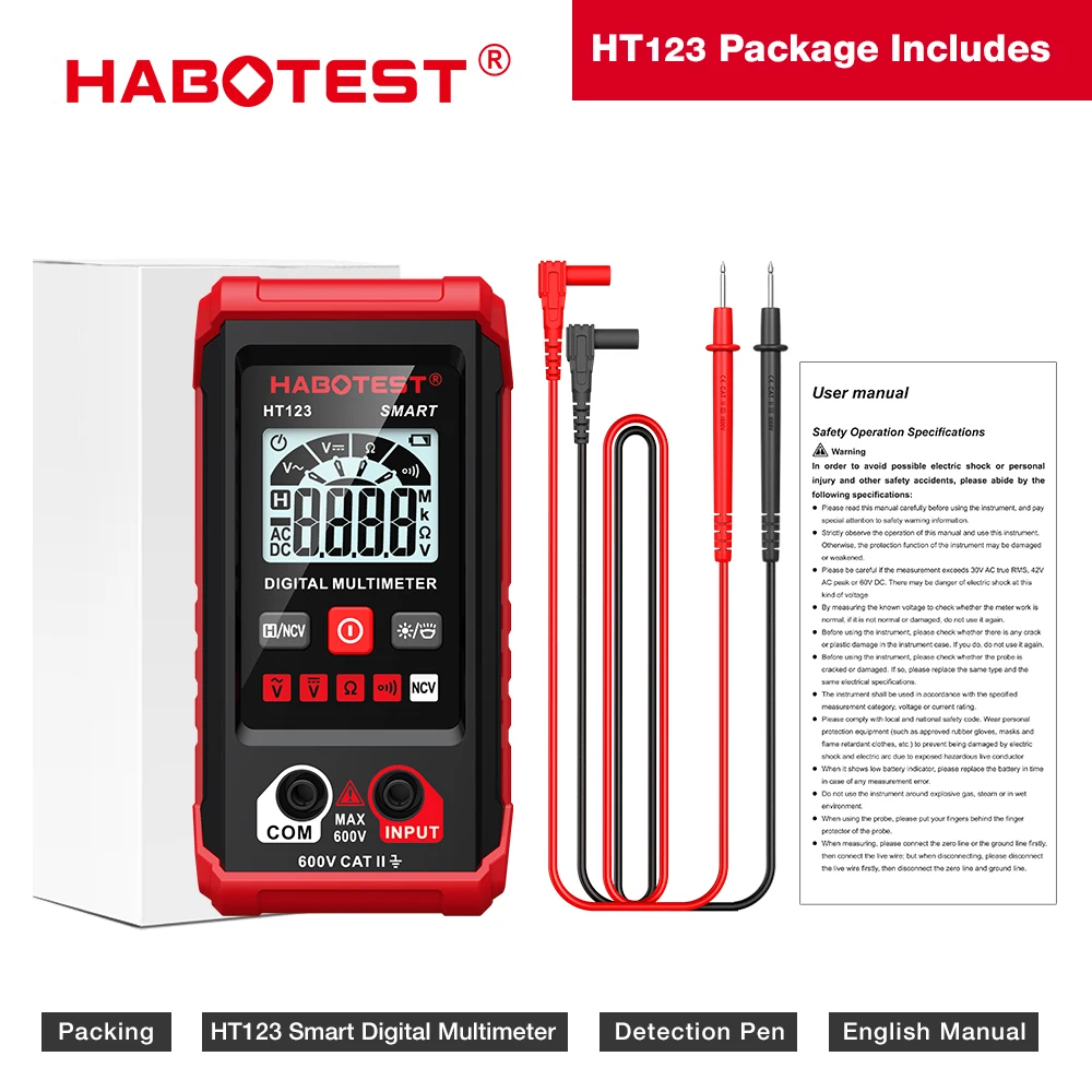 HABOTEST HT123 Digital Multimeter - 4000 Counts, True RMS, Auto Power Off - AC/DC Voltage, Current, Resistance