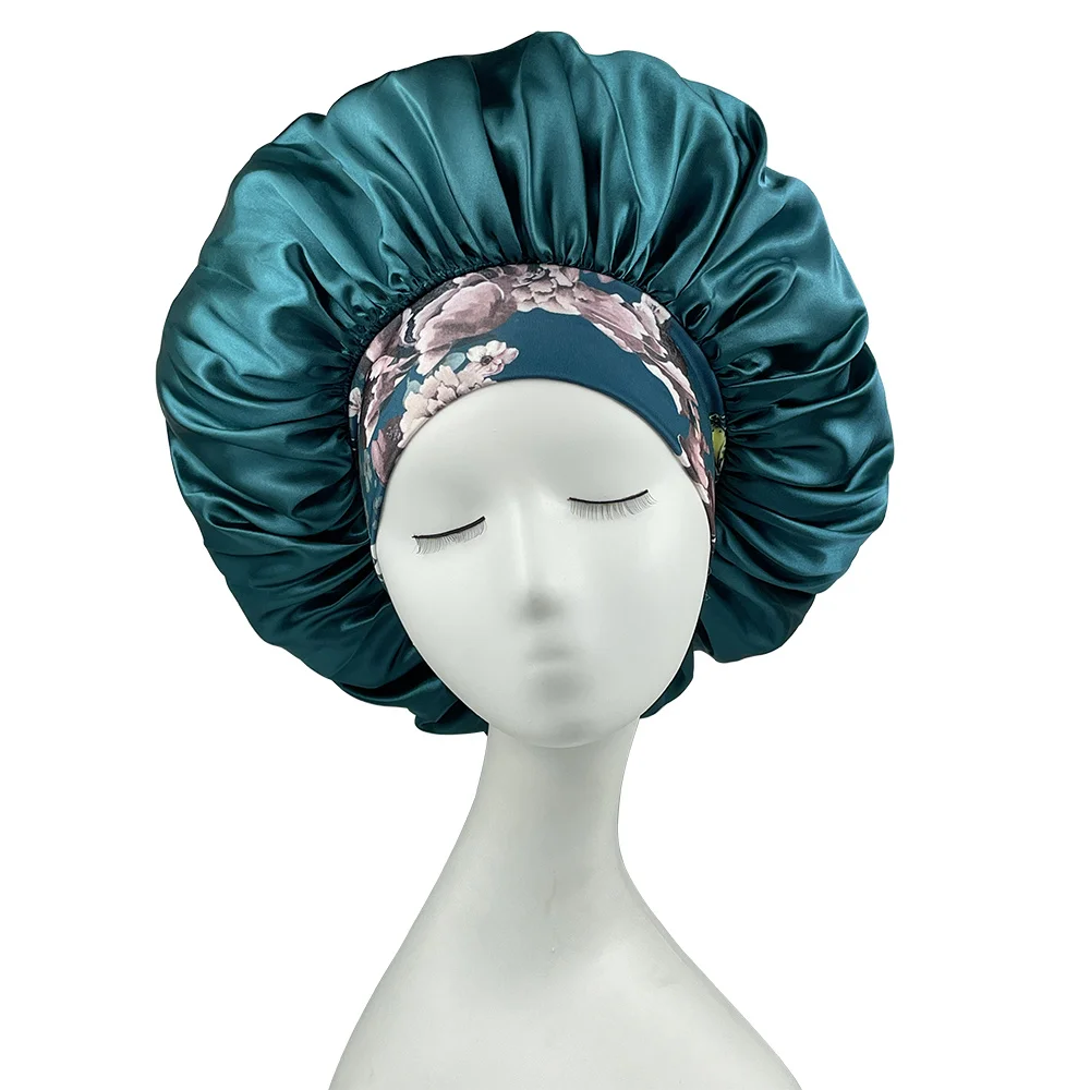 Women Satin Bonnet Floral Print Spandex Wide Stretchy Band Bonnet Satin Cheveux Nuit Silk Sleeping Night Cap Bonnets for Women 5