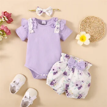 0-18Months Baby Girl Clothes Set Purple Short Sleeve Romper + Flowers Shorts with Headband Toddler Girl Summer 3PCS Outfit 1