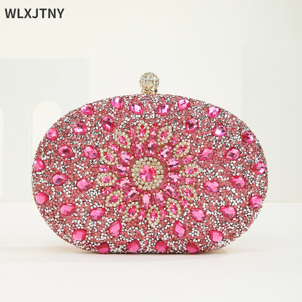 

Color Diamond Pink Bucket Handbags Women 2022 New Luxury Designer Round Metal Handle Crystal Clutch Purse Bridal Wedding Party