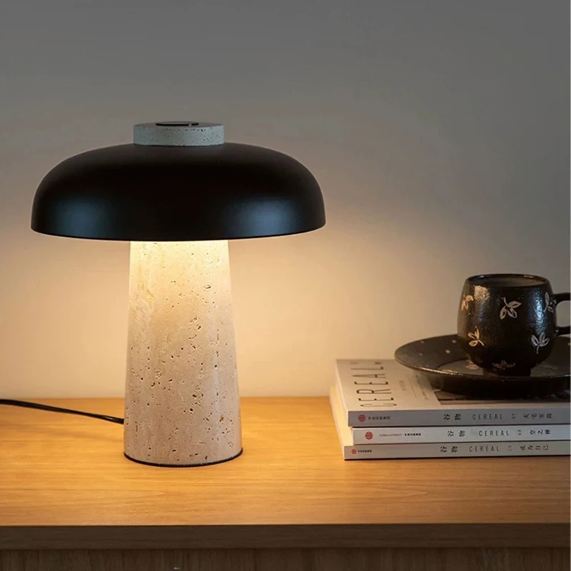 현대적인 버섯 모양의 LED 테이블 램프 천연석 블랙 메탈 USB 충전 침실 거실용 3000K 분위기 조명