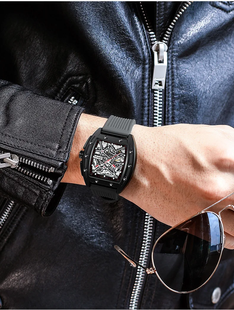 AILANG Brandneue Herrenuhr mit hohler mechanischer Uhr, modisches Lederarmband, wasserdicht, Skelett-Automatikuhr, Herren-Sportuhr_voghion.com