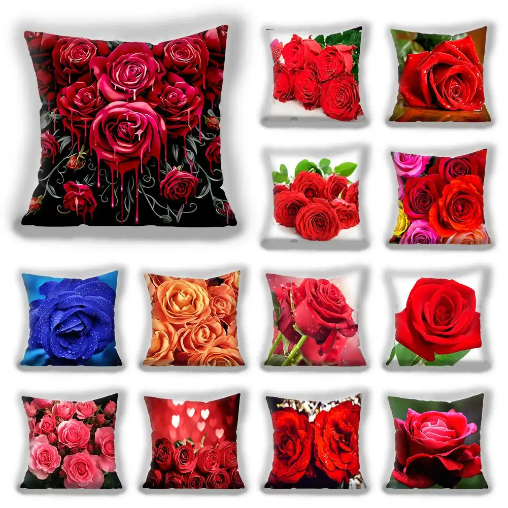 

Red Flower Cushion Pillowcase Love Pillowcase Square Couple Cushion Cover Home Decor Polyester Pillowcase